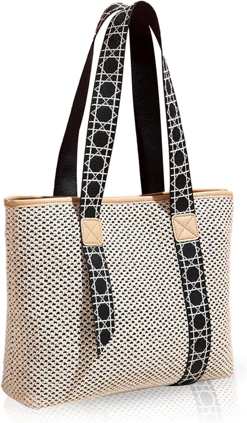Straw Bag, Beach Bags for Women, Soft Woven Beach Tote Canvas Shoulder Strap, Handmade Rattan Handbag for Vacation