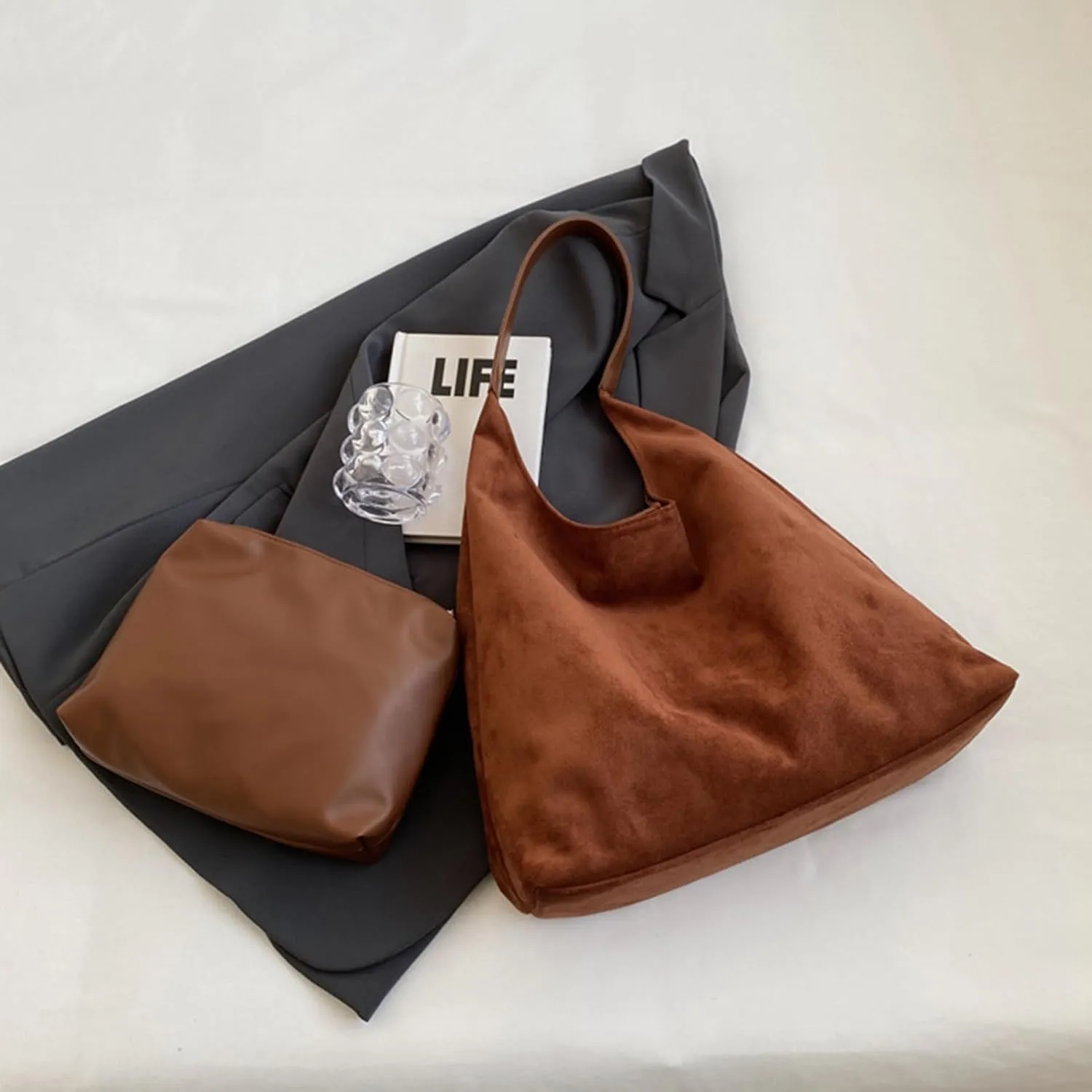 Suede purses for Women 2024 Slouchy Shoulder Bags Soft Leather hobo bag Brown Tote Handbag for Work Everyday