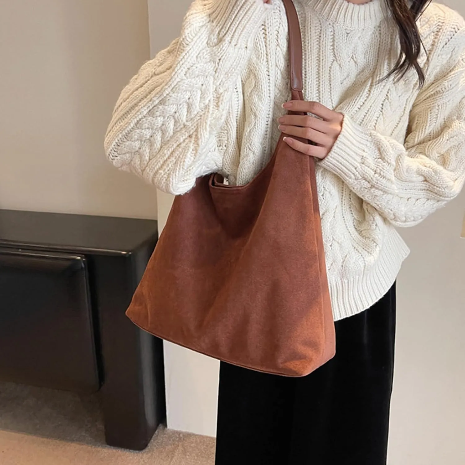 Suede purses for Women 2024 Slouchy Shoulder Bags Soft Leather hobo bag Brown Tote Handbag for Work Everyday