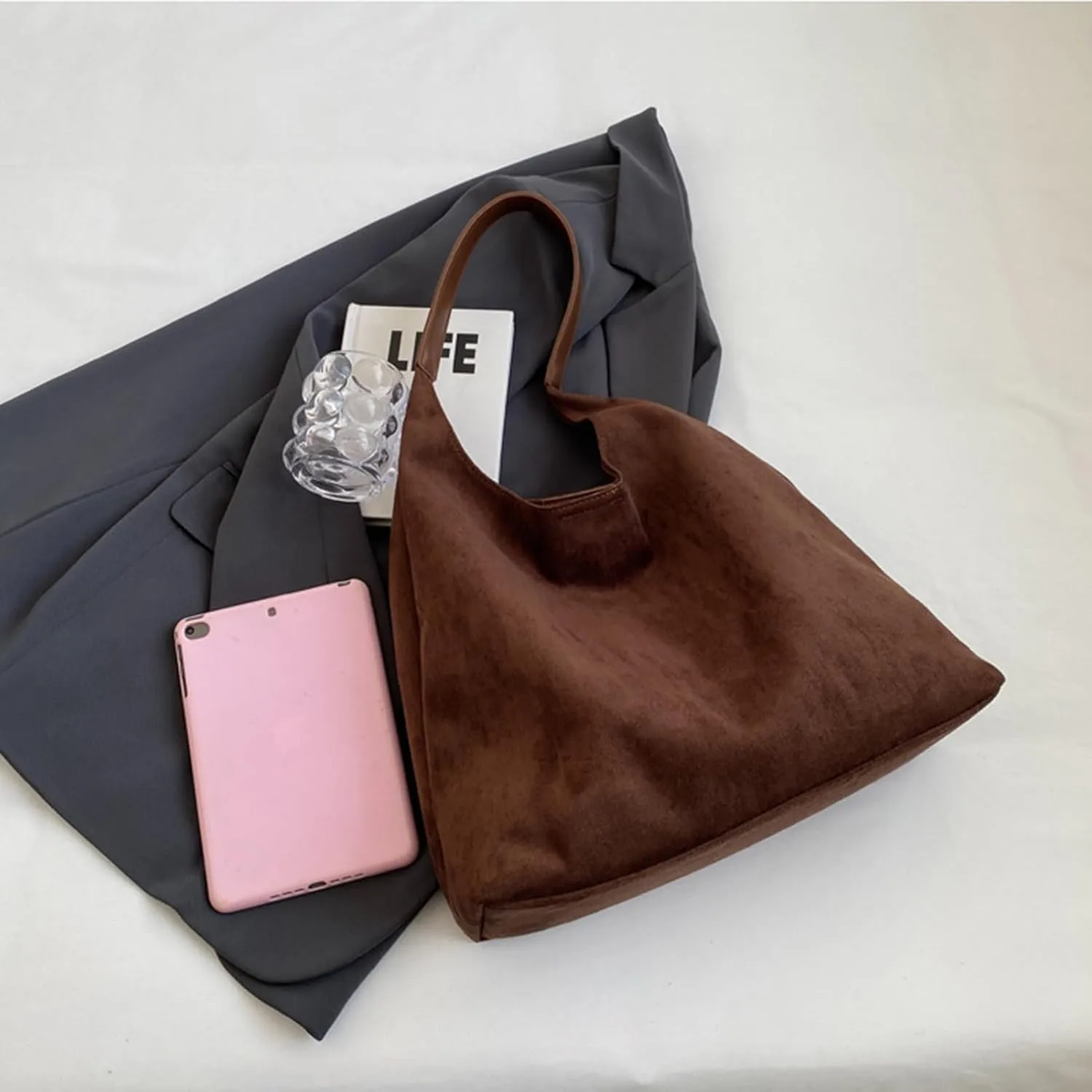 Suede purses for Women 2024 Slouchy Shoulder Bags Soft Leather hobo bag Brown Tote Handbag for Work Everyday