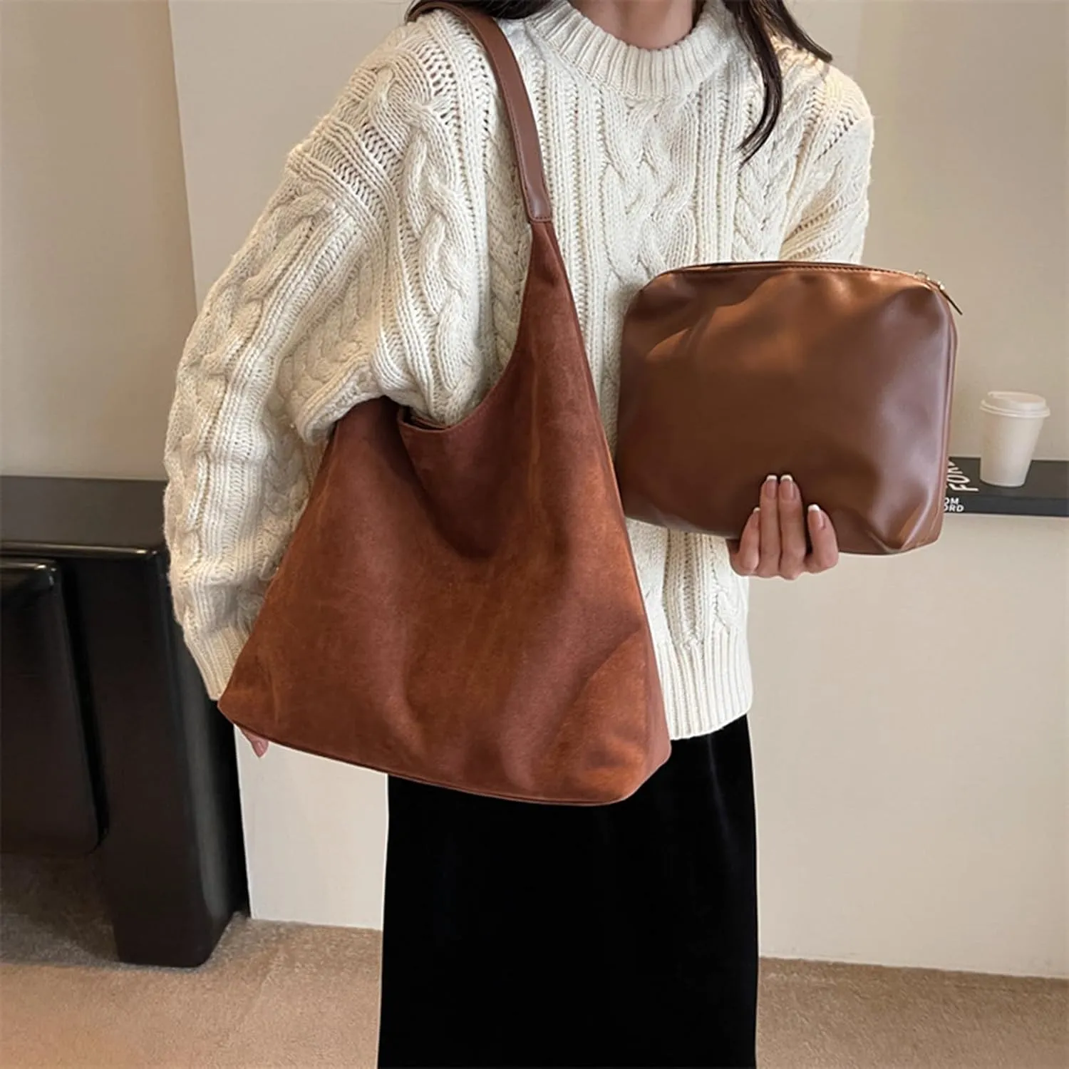 Suede purses for Women 2024 Slouchy Shoulder Bags Soft Leather hobo bag Brown Tote Handbag for Work Everyday