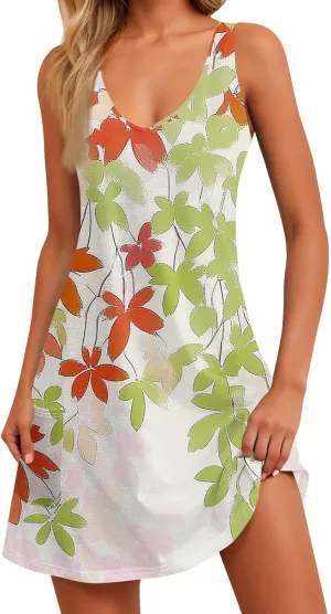 Summer Dress Summer Dresses for Women Beach Boho Sleeveless Vintage Floral Flowy Pocket Tshirt Tank Sundresses