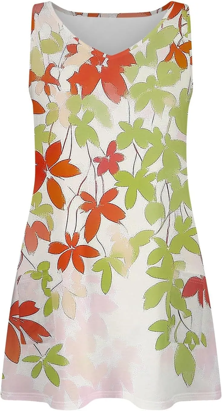 Summer Dress Summer Dresses for Women Beach Boho Sleeveless Vintage Floral Flowy Pocket Tshirt Tank Sundresses