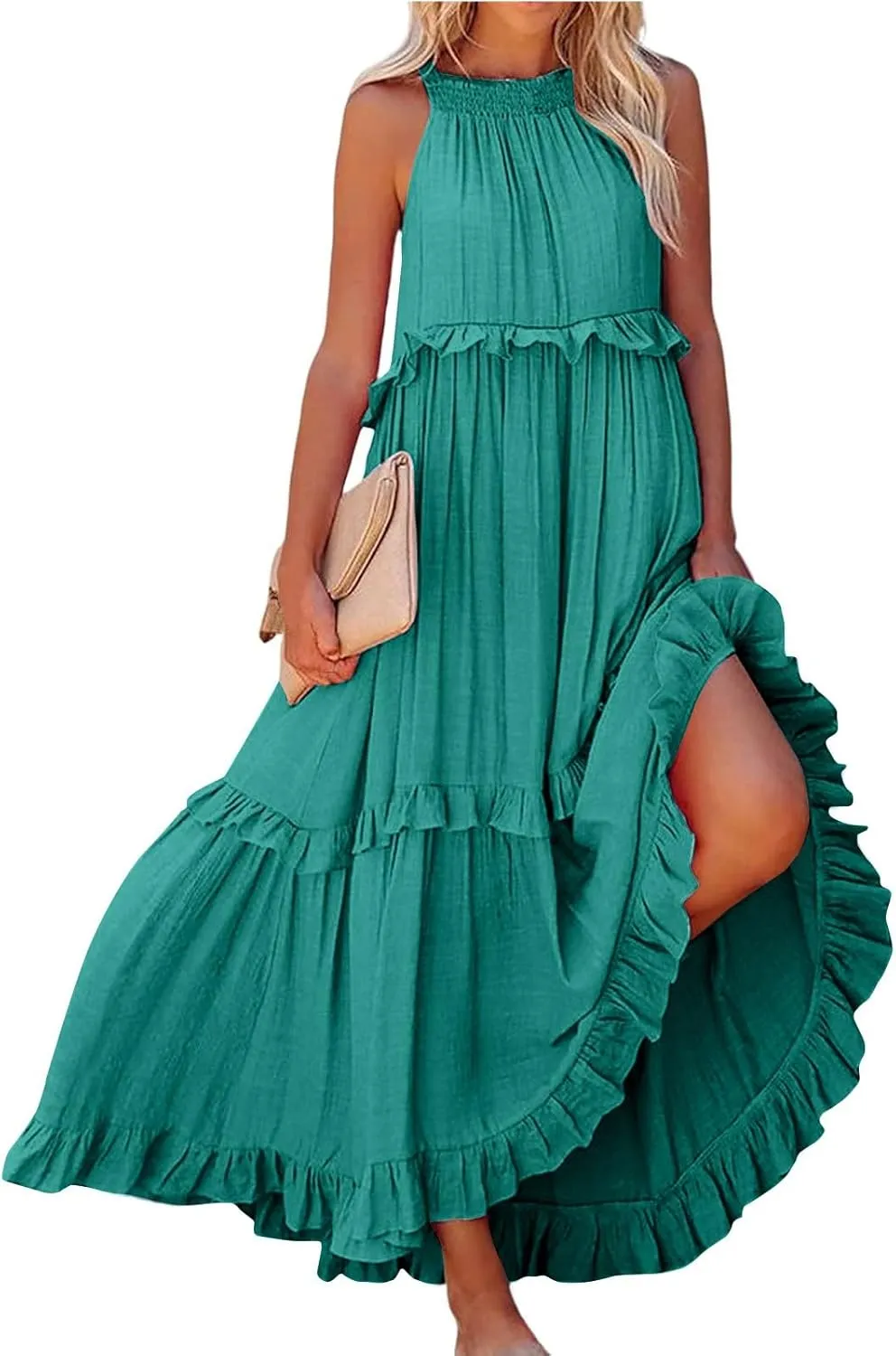 Summer Dresses for Women 2025 Boho Halter Maxi Dresses Sleeveless Pleated Tiered Flowy Beach Vacation Long Dress