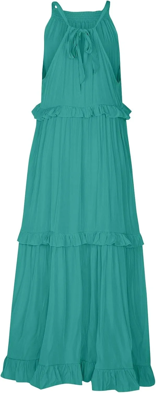 Summer Dresses for Women 2025 Boho Halter Maxi Dresses Sleeveless Pleated Tiered Flowy Beach Vacation Long Dress