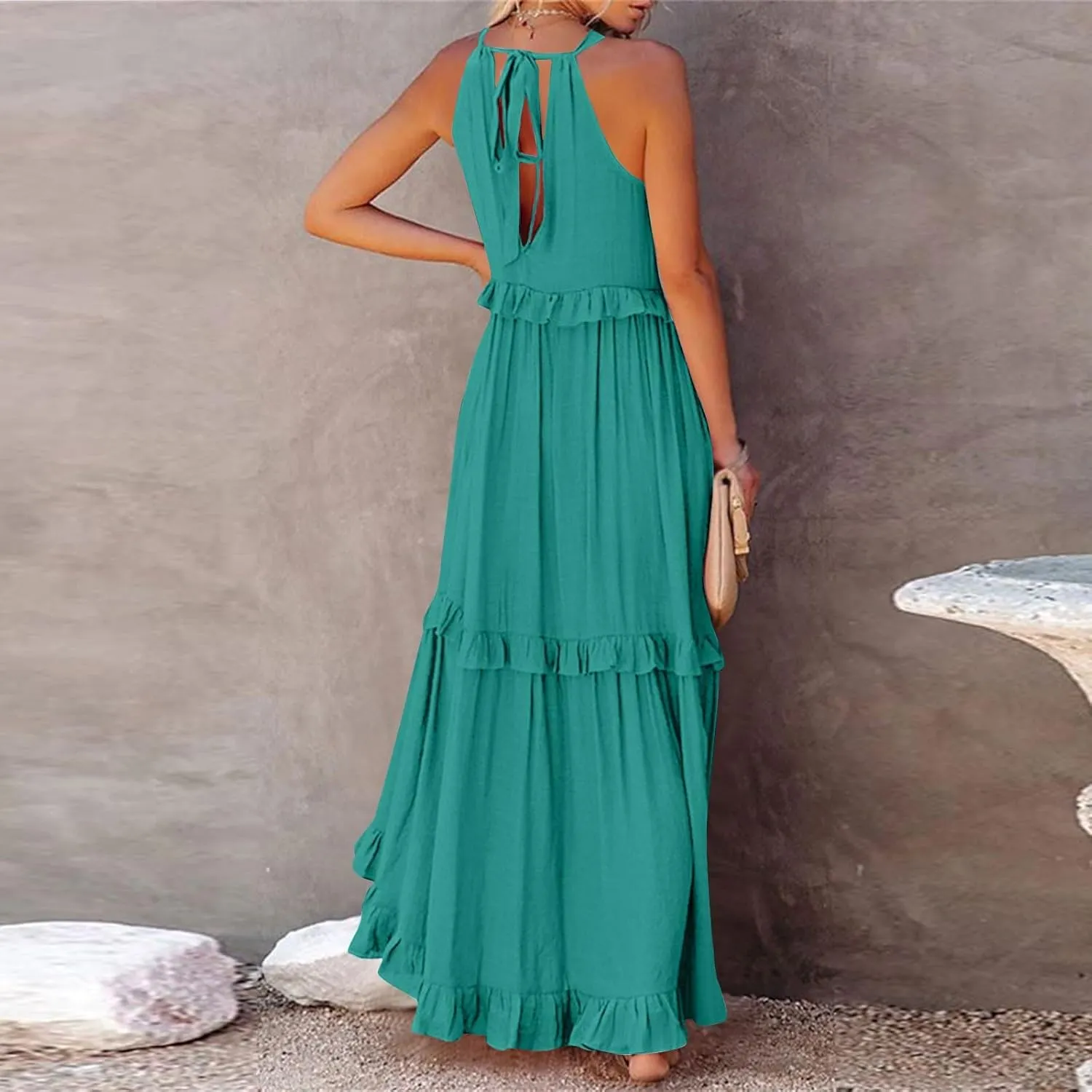 Summer Dresses for Women 2025 Boho Halter Maxi Dresses Sleeveless Pleated Tiered Flowy Beach Vacation Long Dress