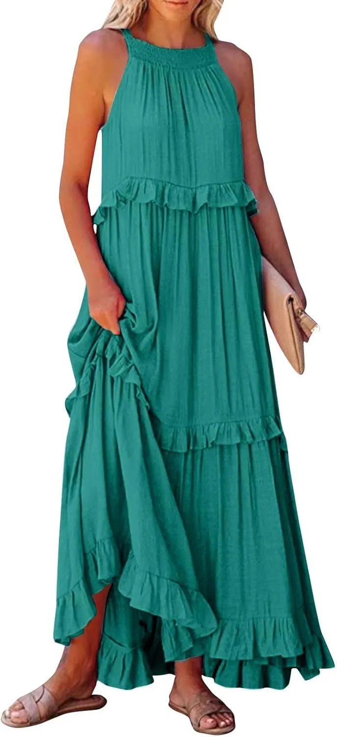 Summer Dresses for Women 2025 Boho Halter Maxi Dresses Sleeveless Pleated Tiered Flowy Beach Vacation Long Dress