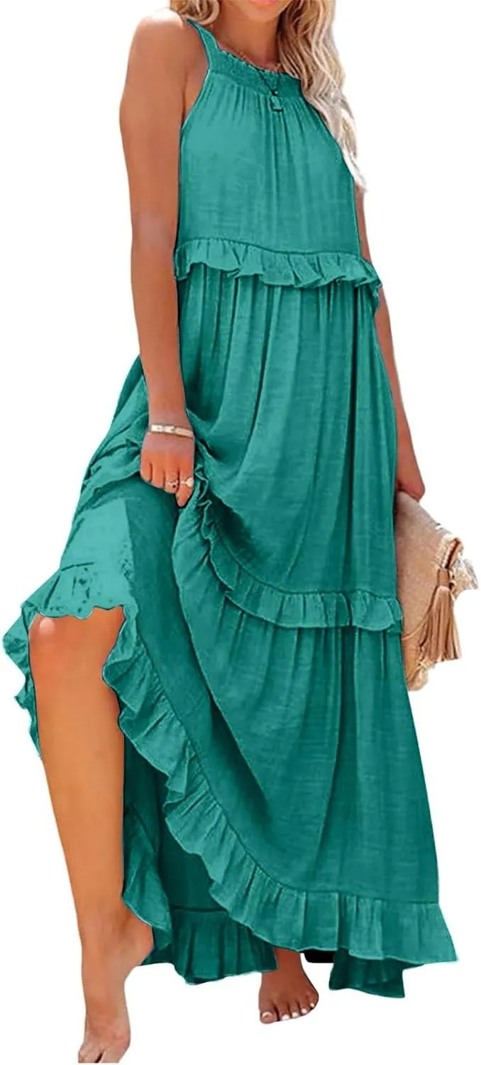 Summer Dresses for Women 2025 Boho Halter Maxi Dresses Sleeveless Pleated Tiered Flowy Beach Vacation Long Dress
