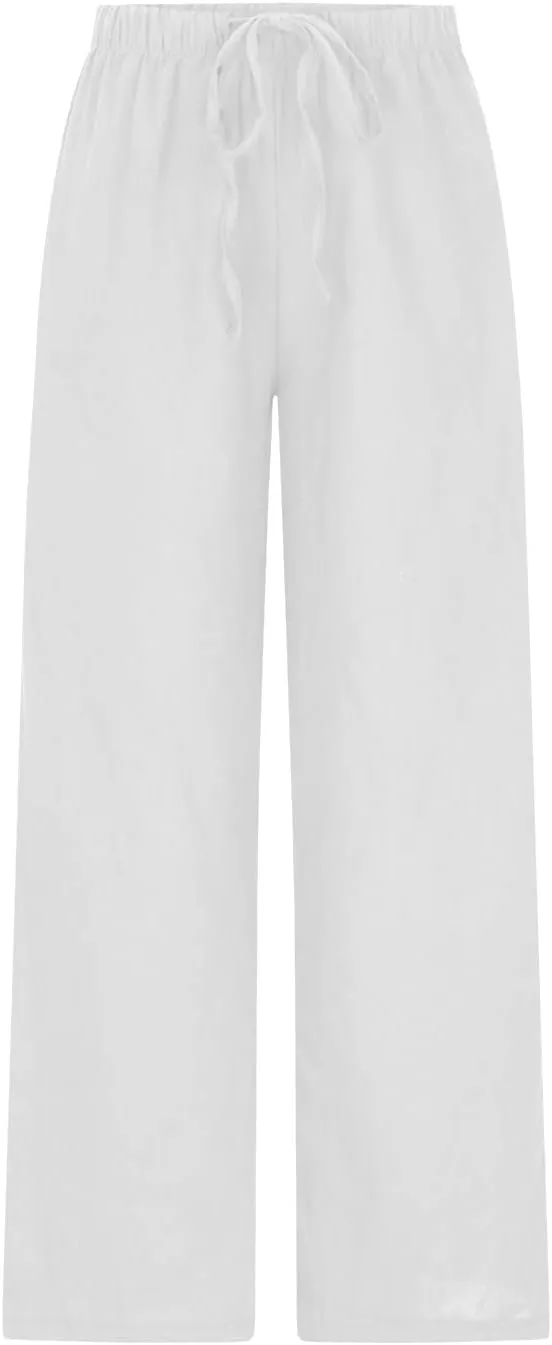 Summer Linen Wide Leg Pants for Women Casual Flowy Palazzo Pant Drawstring Elastic Waist Loose Fit Trousers