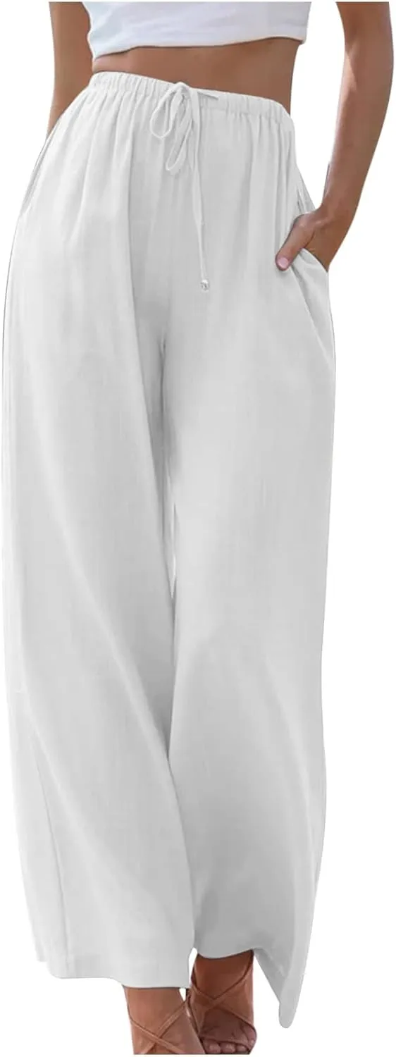 Summer Linen Wide Leg Pants for Women Casual Flowy Palazzo Pant Drawstring Elastic Waist Loose Fit Trousers