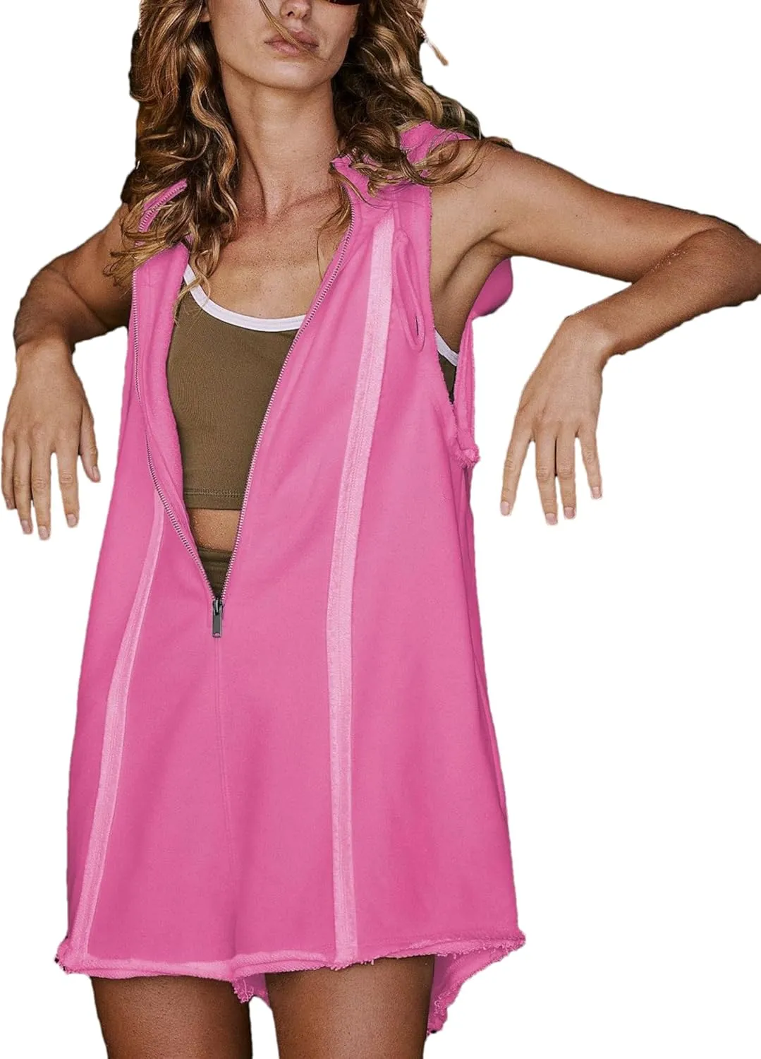 Summer Rompers for Women Sleeveless Short Half Zip Up Hooded Athletic Romper Jumpsuit Overalls with Pockets