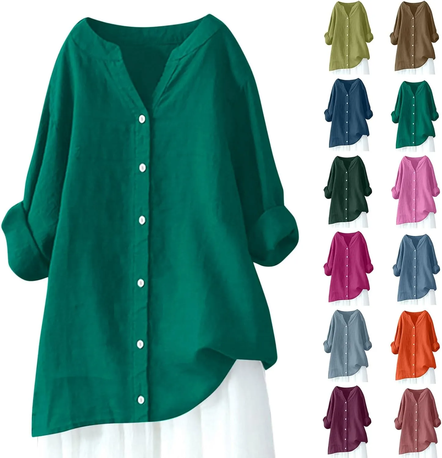 Summer Tops for Women 2025 Trendy Long Sleeve Cotton Linen Shirt Casual Button Down V Neck Tunic Gauze Blouses