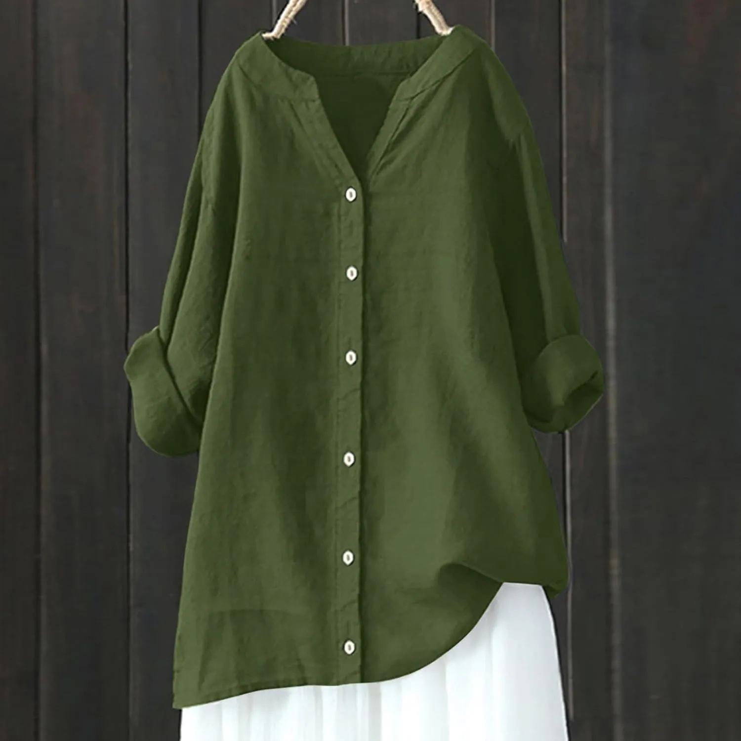 Summer Tops for Women 2025 Trendy Long Sleeve Cotton Linen Shirt Casual Button Down V Neck Tunic Gauze Blouses
