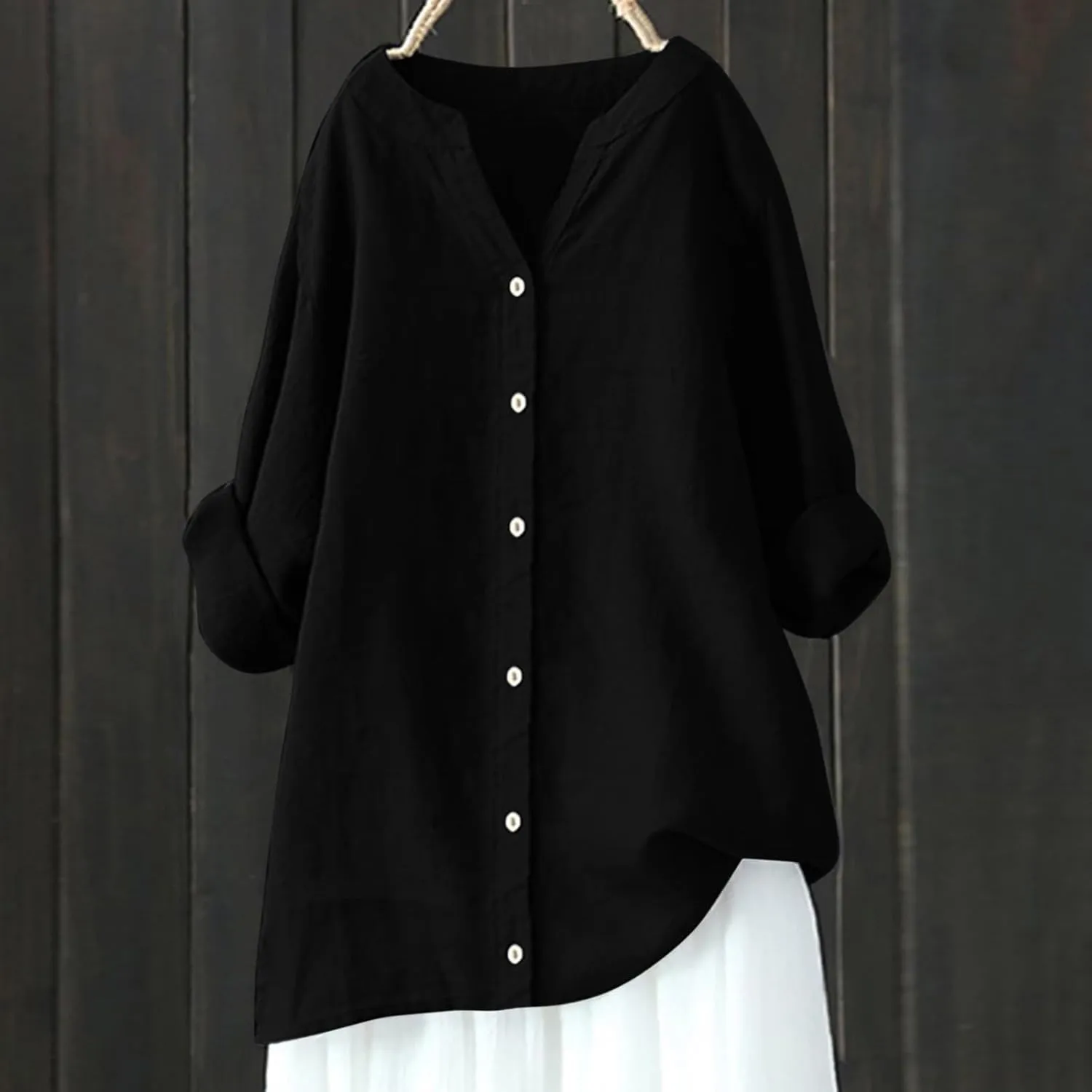 Summer Tops for Women 2025 Trendy Long Sleeve Cotton Linen Shirt Casual Button Down V Neck Tunic Gauze Blouses