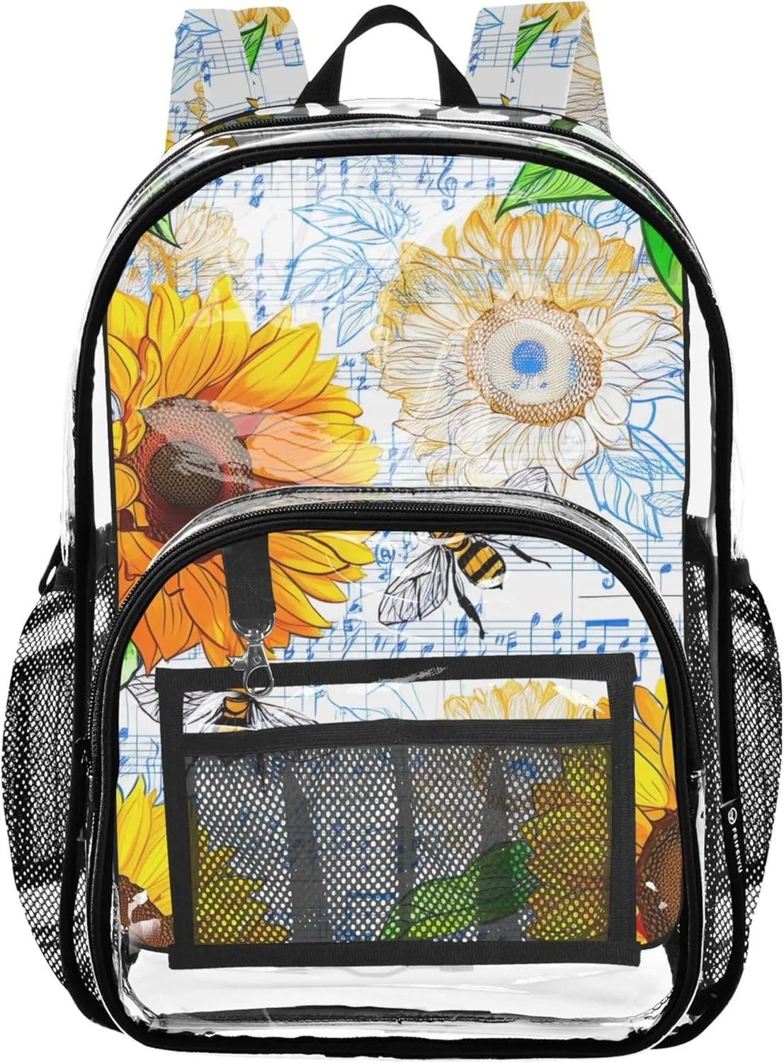 Sunflower Bees Blue White Travel Clear Bags for Women Girls Backpack for Kids Approved Shoulder Bag