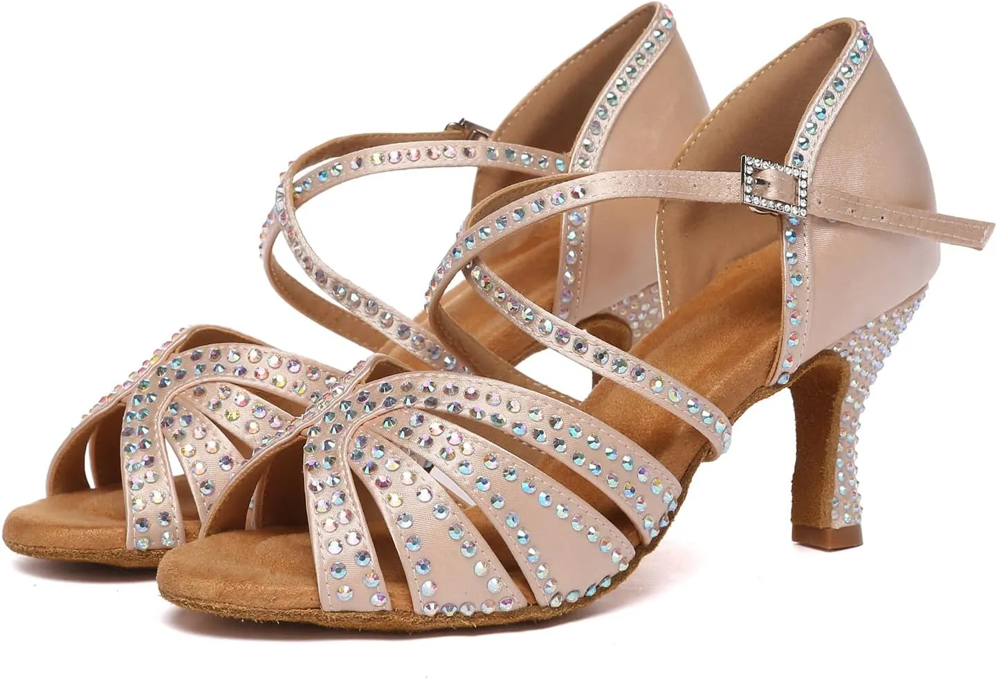 SWDZM Rhinestone Latin Ballroom Dance Shoes Women Satin Salsa Bachata Performance Sparkly Dancing Shoes