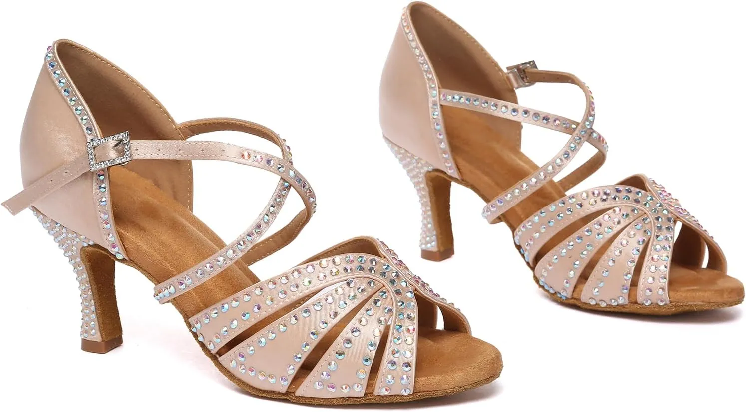 SWDZM Rhinestone Latin Ballroom Dance Shoes Women Satin Salsa Bachata Performance Sparkly Dancing Shoes