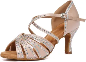 SWDZM Rhinestone Latin Ballroom Dance Shoes Women Satin Salsa Bachata Performance Sparkly Dancing Shoes