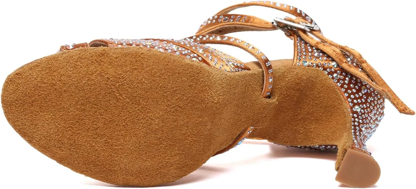 SWDZM Women's Satin Rhinestone Customized Heel Latin Dance Shoes Ballroom Open Toe