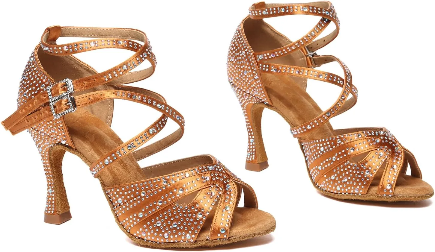 SWDZM Women's Satin Rhinestone Customized Heel Latin Dance Shoes Ballroom Open Toe