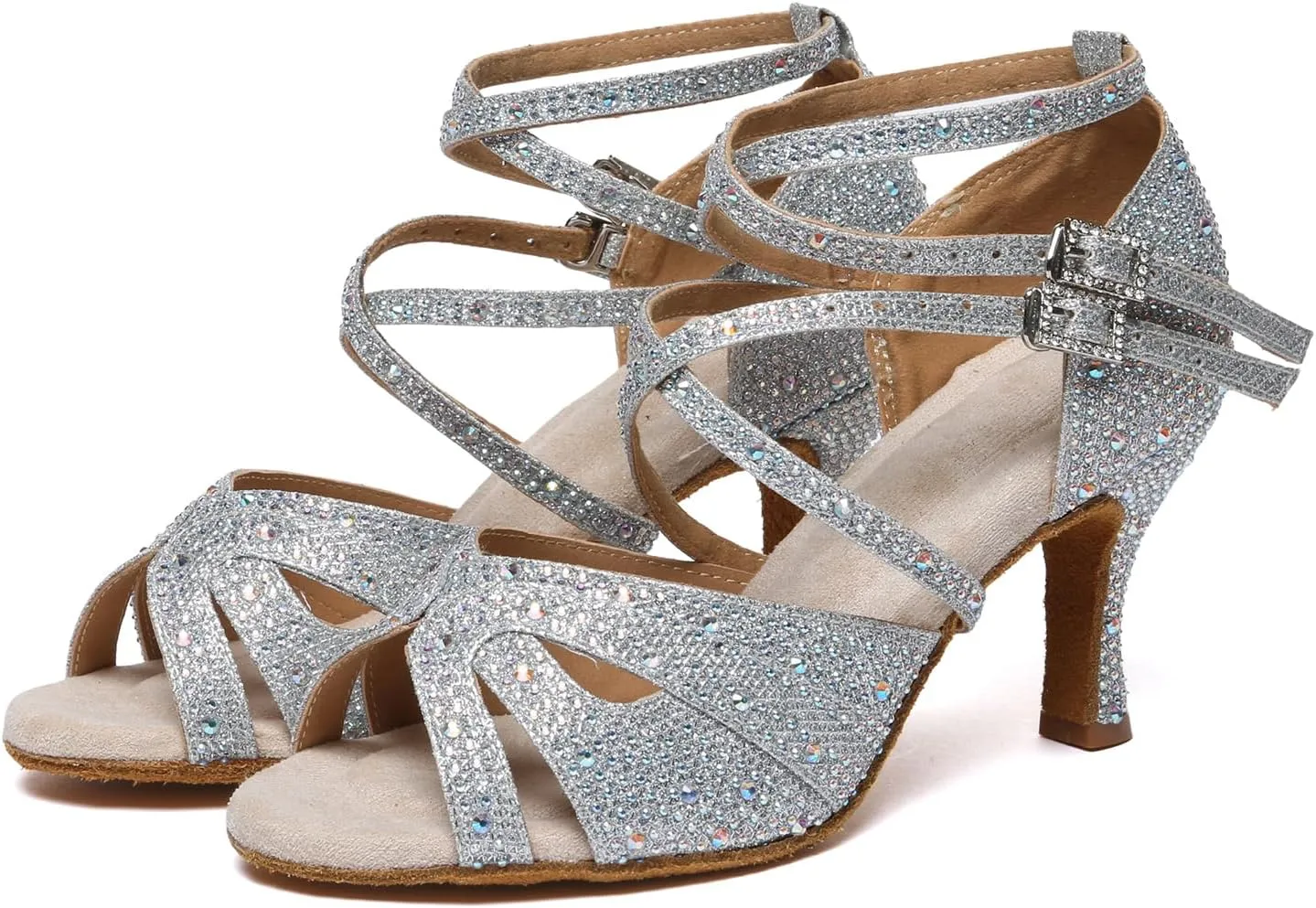 SWDZM Women's Satin Rhinestone Customized Heel Latin Dance Shoes Ballroom Open Toe