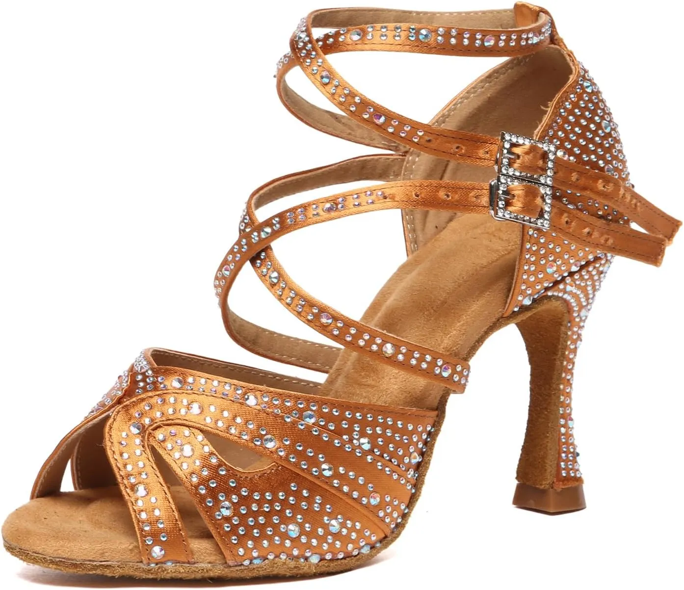 SWDZM Women's Satin Rhinestone Customized Heel Latin Dance Shoes Ballroom Open Toe
