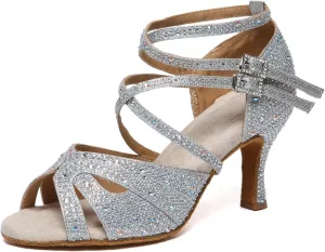 SWDZM Women's Satin Rhinestone Customized Heel Latin Dance Shoes Ballroom Open Toe