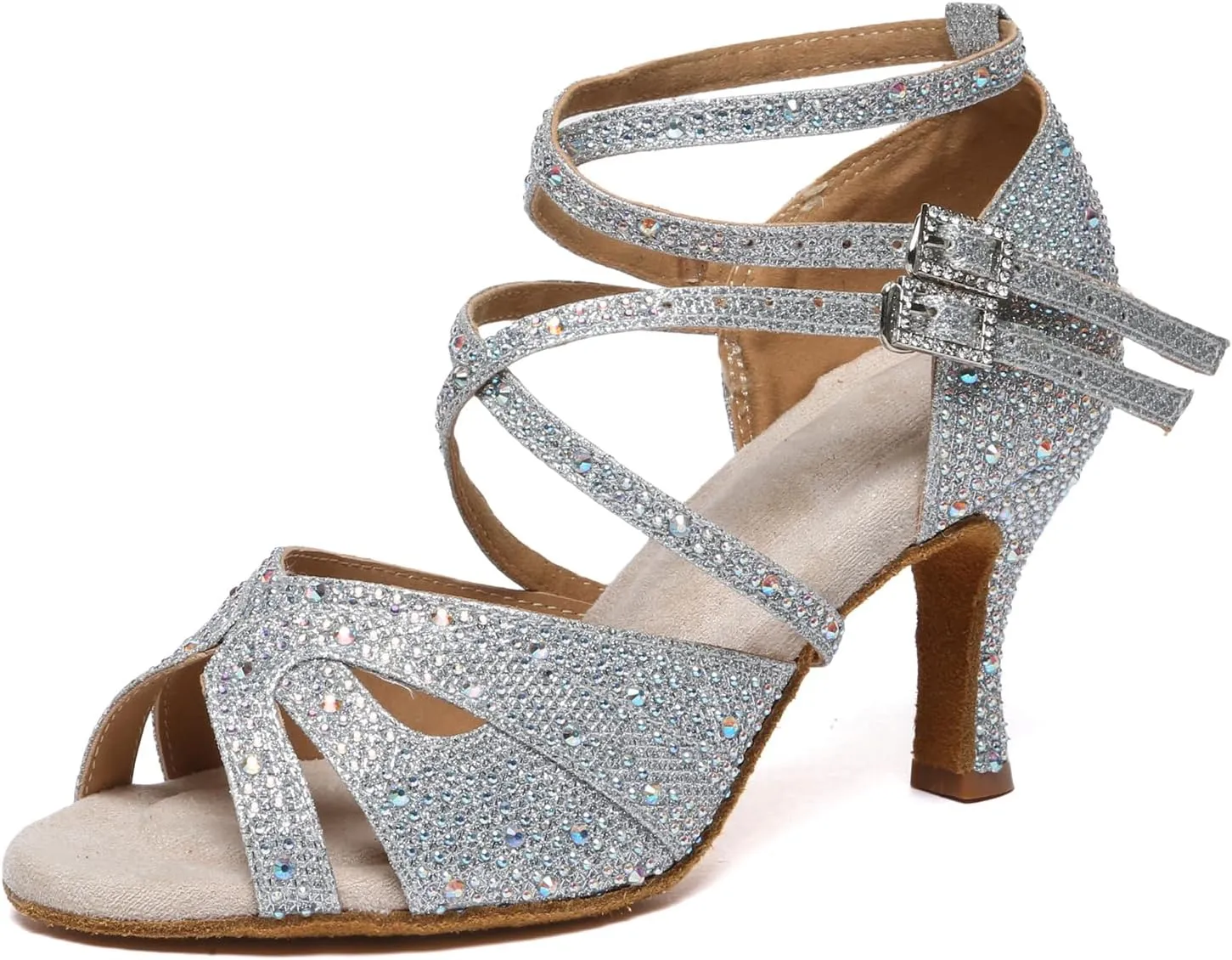 SWDZM Women's Satin Rhinestone Customized Heel Latin Dance Shoes Ballroom Open Toe