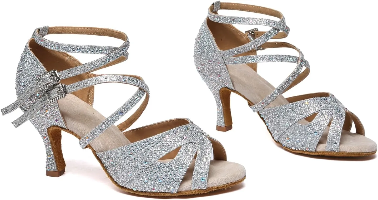 SWDZM Women's Satin Rhinestone Customized Heel Latin Dance Shoes Ballroom Open Toe