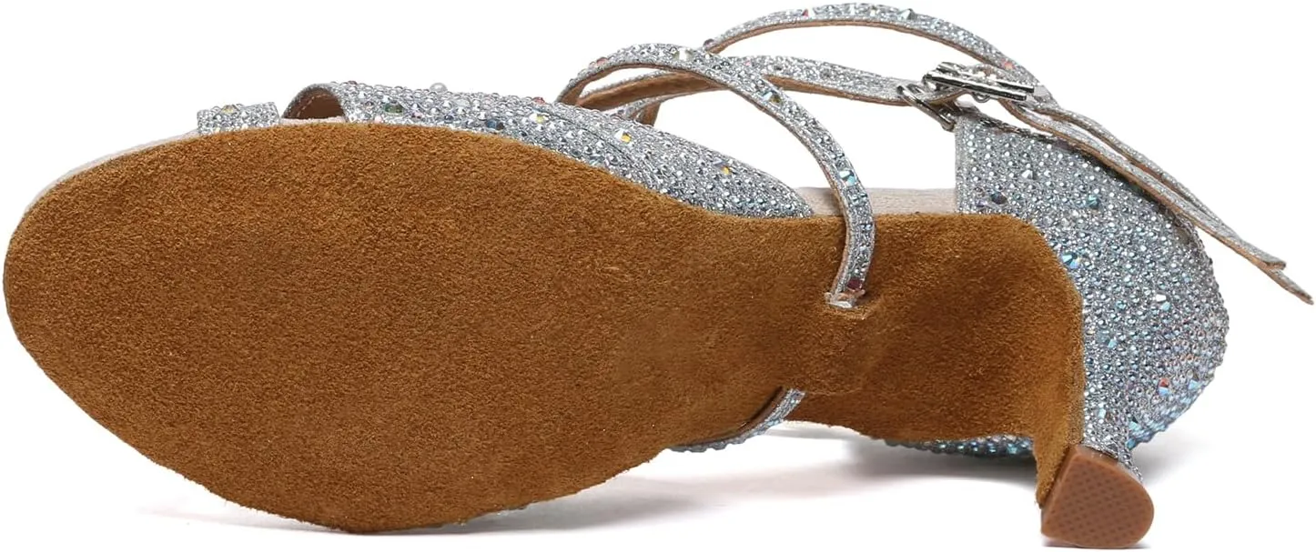 SWDZM Women's Satin Rhinestone Customized Heel Latin Dance Shoes Ballroom Open Toe