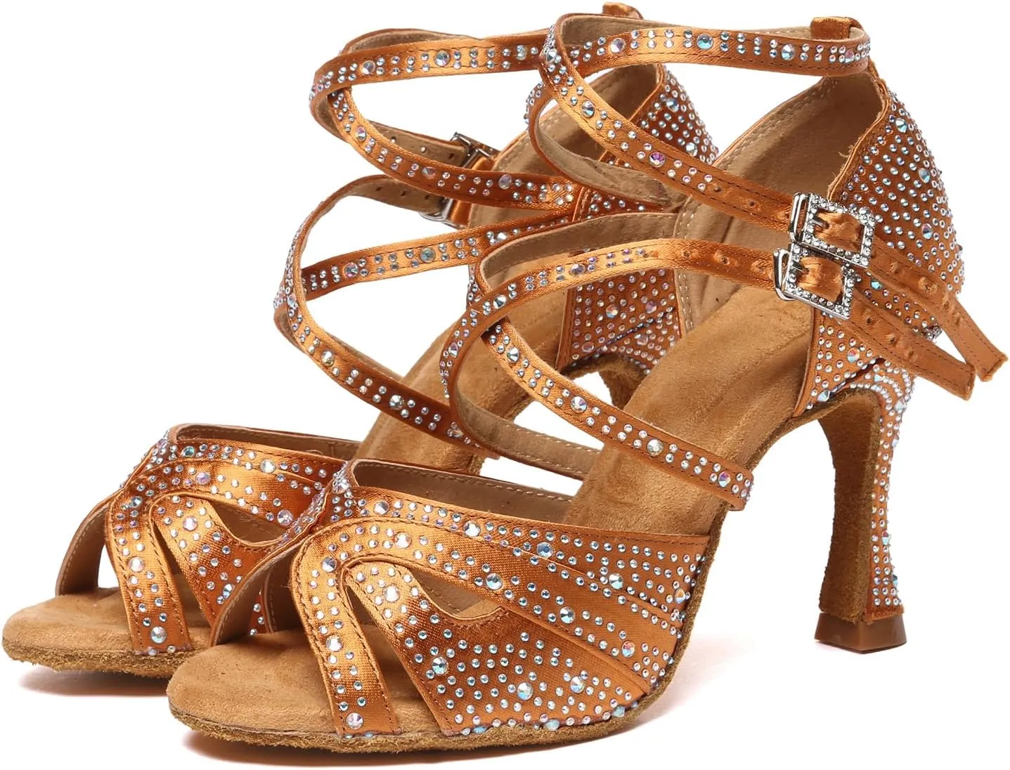 SWDZM Women's Satin Rhinestone Customized Heel Latin Dance Shoes Ballroom Open Toe