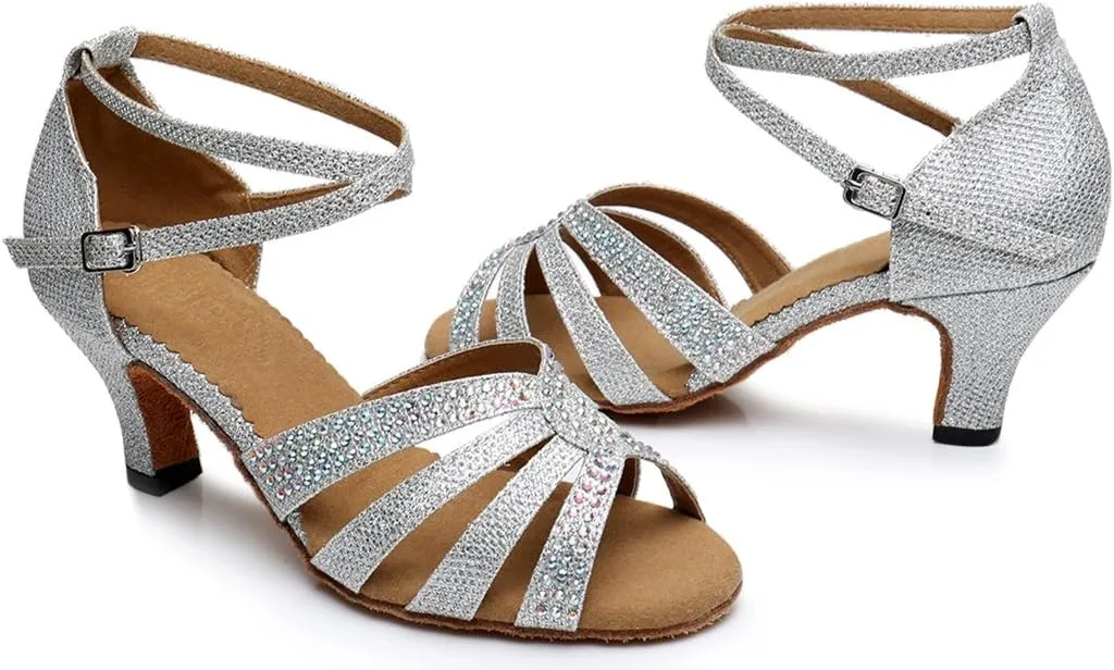 TDA Women's Fashion Mid Heel Crystals Glitter Synthetic Tango Ballroom Salsa Latin Dance wedding Shoes