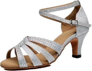TDA Women's Fashion Mid Heel Crystals Glitter Synthetic Tango Ballroom Salsa Latin Dance wedding Shoes