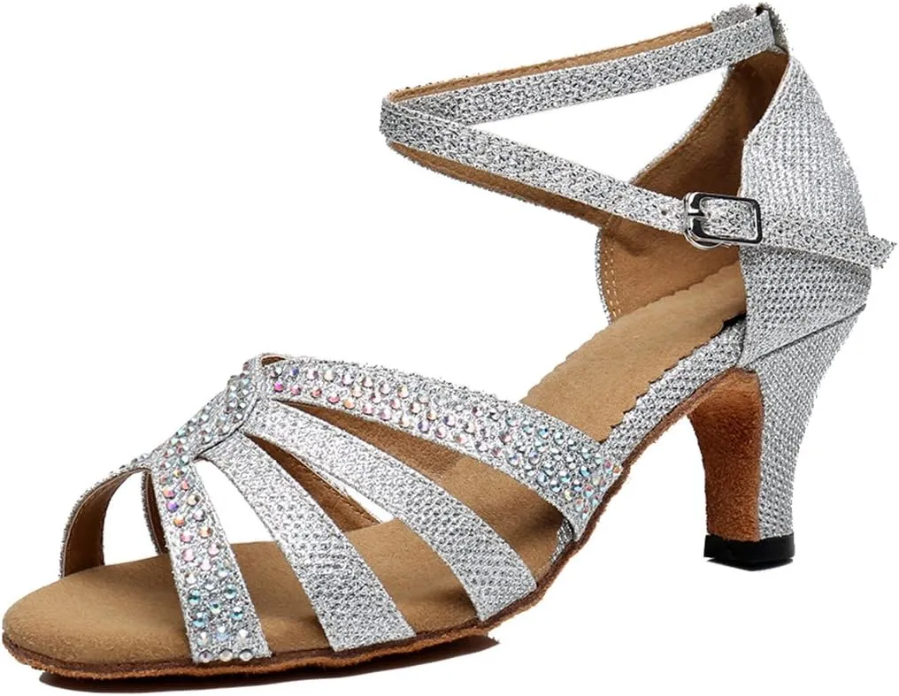 TDA Women's Fashion Mid Heel Crystals Glitter Synthetic Tango Ballroom Salsa Latin Dance wedding Shoes