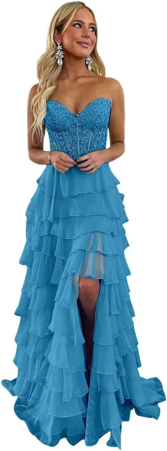 Tiered Chiffon Prom Dress for Teens Strapless Prom Dresses for Women Sweetheart Formal Evening Gowns with Slit