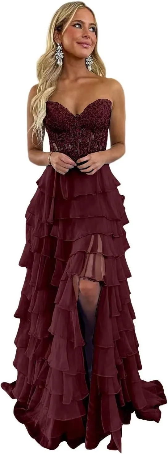 Tiered Chiffon Prom Dress for Teens Strapless Prom Dresses for Women Sweetheart Formal Evening Gowns with Slit