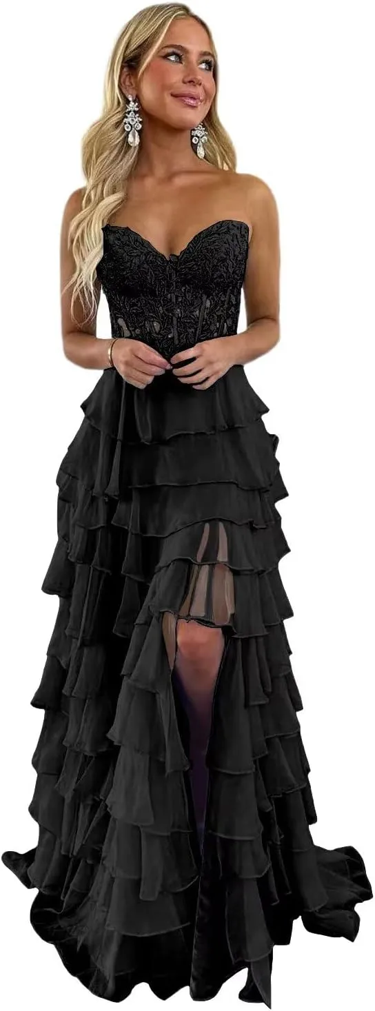Tiered Chiffon Prom Dress for Teens Strapless Prom Dresses for Women Sweetheart Formal Evening Gowns with Slit