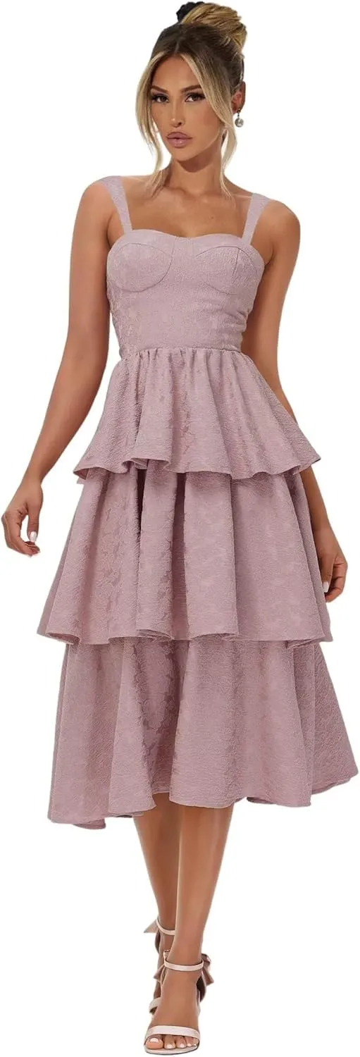 Tiered Jacquard Satin Prom Dresses Tea Length Wedding Guest Dress Floral Print Formal Evening Gowns