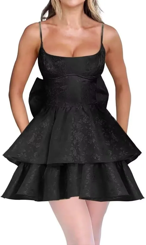 Tiered Jacquard Short Prom Dress with Bow Spaghetti Straps Floral Homecoming Dresses Mini Formal Cocktail Party Gowns