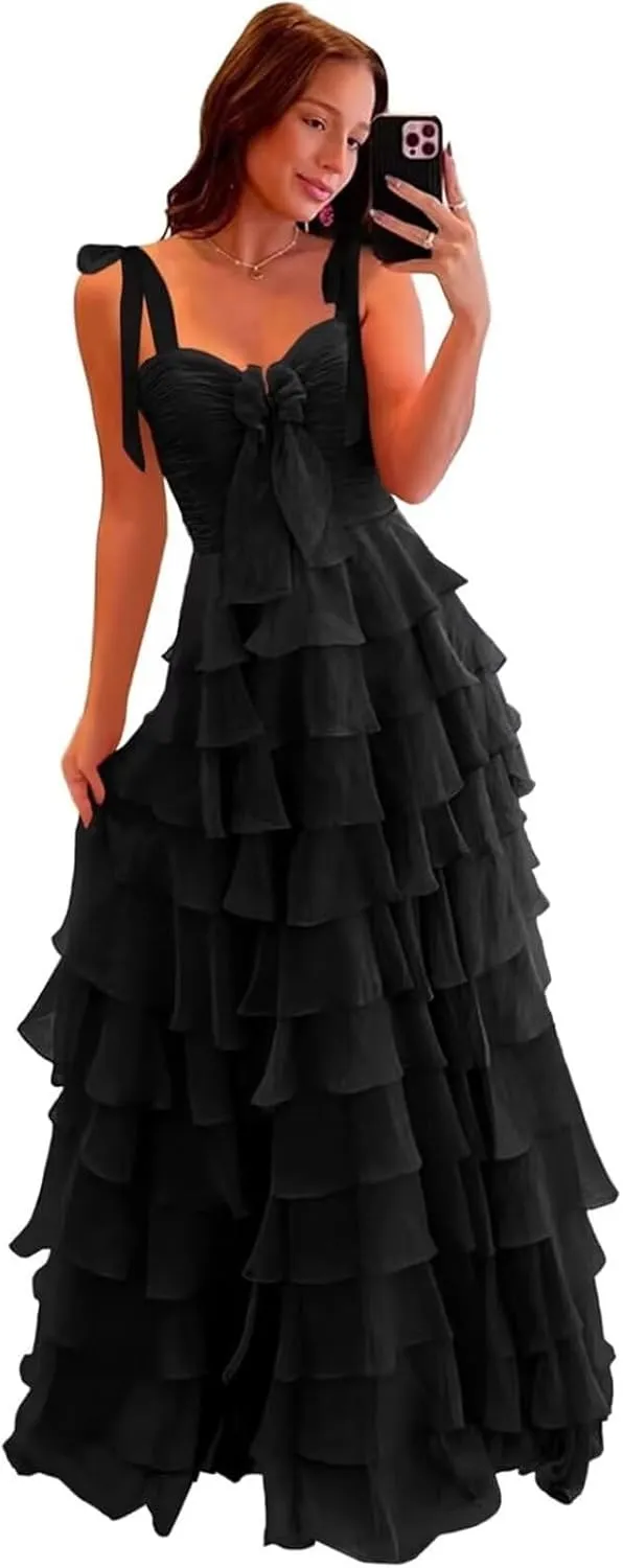 Tiered Prom Dresses with Bow 2025 Spaghetti Straps Long Layered Ruffle Chiffon Ball Gowns with Slit IMC066