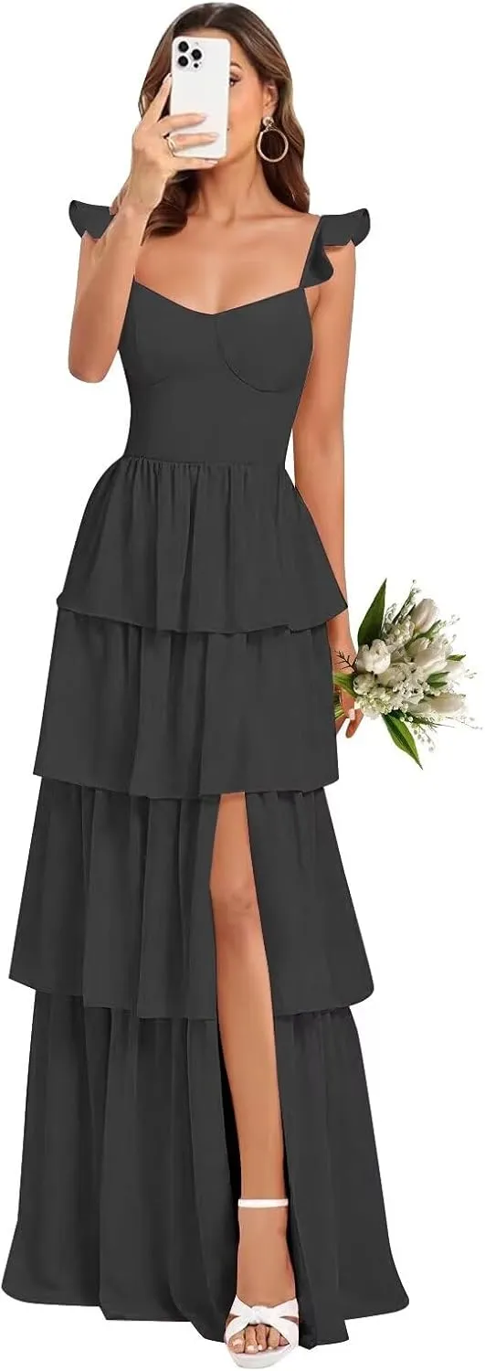 Tiered Ruffles Bridesmaid Dresses for Women 2025 Chiffon Formal Evening Dresses with Slit
