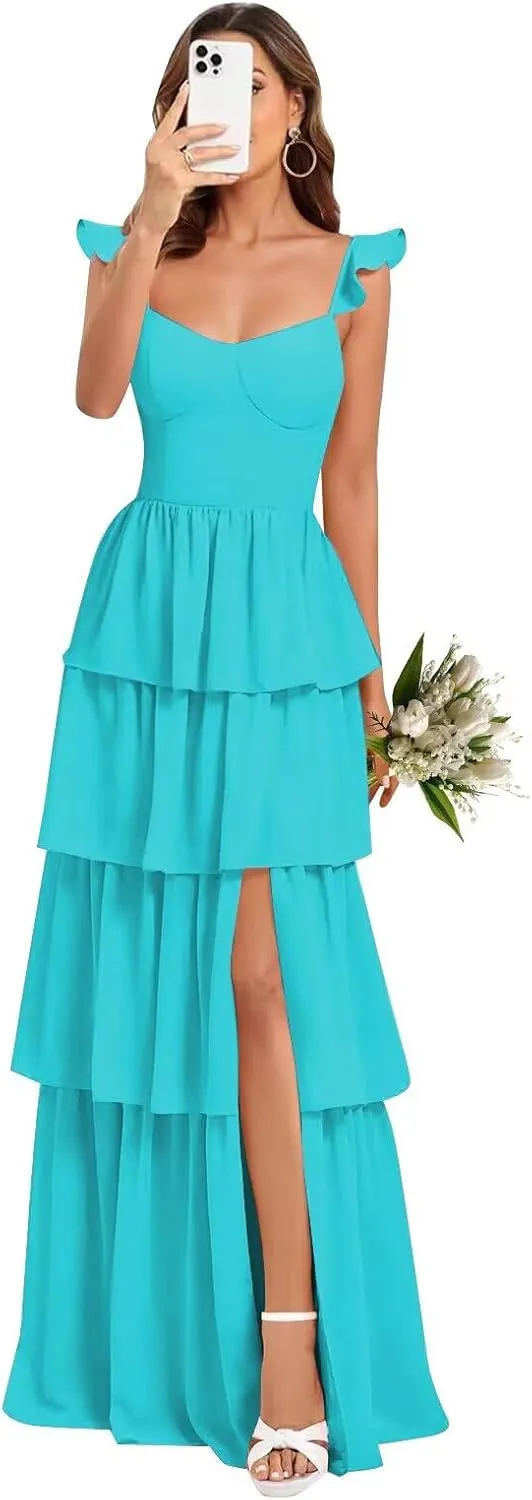 Tiered Ruffles Bridesmaid Dresses for Women 2025 Chiffon Formal Evening Dresses with Slit