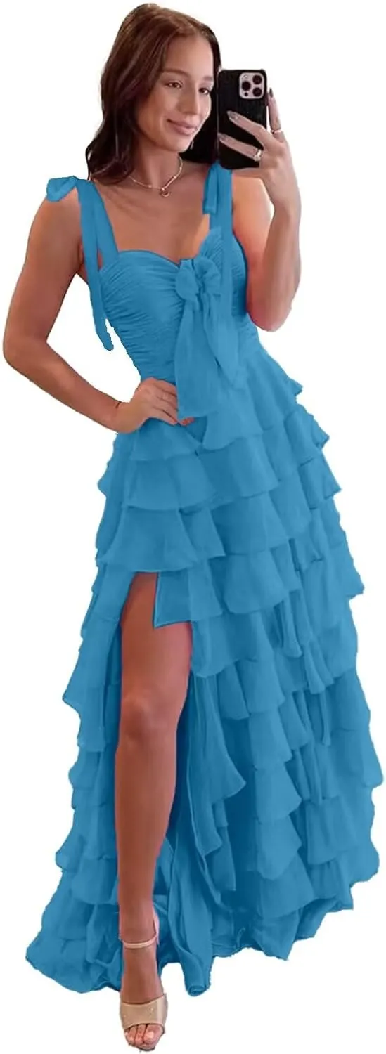 Tiered Spaghetti Strap Chiffon Prom Dress for Teens Sweetheart Prom Dresses for Women Bow Formal Evening Gowns with Split