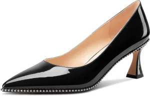 TNYNFBEB Womens Kitten Heel Pointed Toe Pumps Slip-on Sliver Beaded Prom Wedding Dress Basic Classic Patent Leather Summer 2.6 Inches Heels