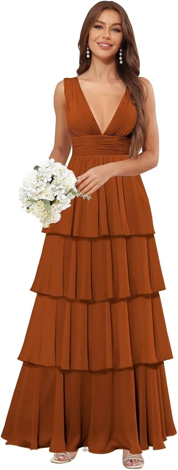 TORYEMY Chiffon V Neck Bridesmaid Dresses Long Ruffle Tiered Prom Dress A Line Formal Evening Gown for Women