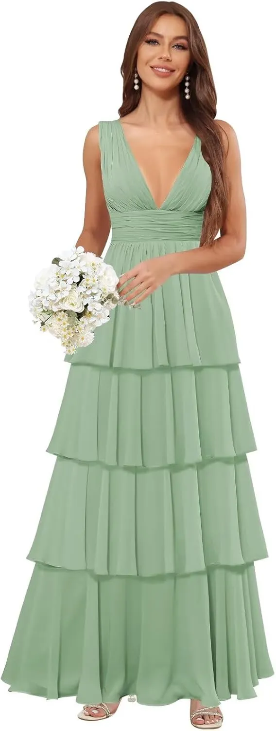 TORYEMY Chiffon V Neck Bridesmaid Dresses Long Ruffle Tiered Prom Dress A Line Formal Evening Gown for Women