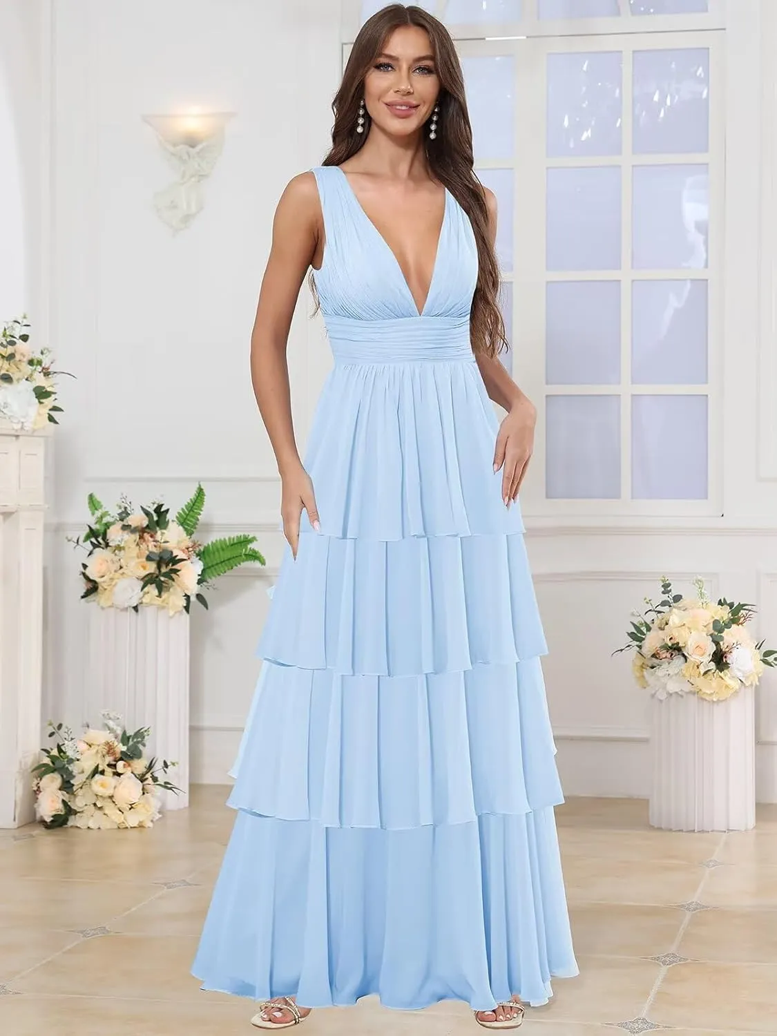 TORYEMY Chiffon V Neck Bridesmaid Dresses Long Ruffle Tiered Prom Dress A Line Formal Evening Gown for Women