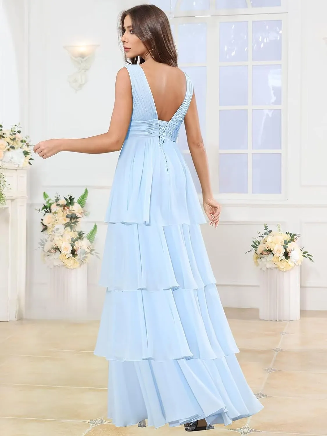TORYEMY Chiffon V Neck Bridesmaid Dresses Long Ruffle Tiered Prom Dress A Line Formal Evening Gown for Women