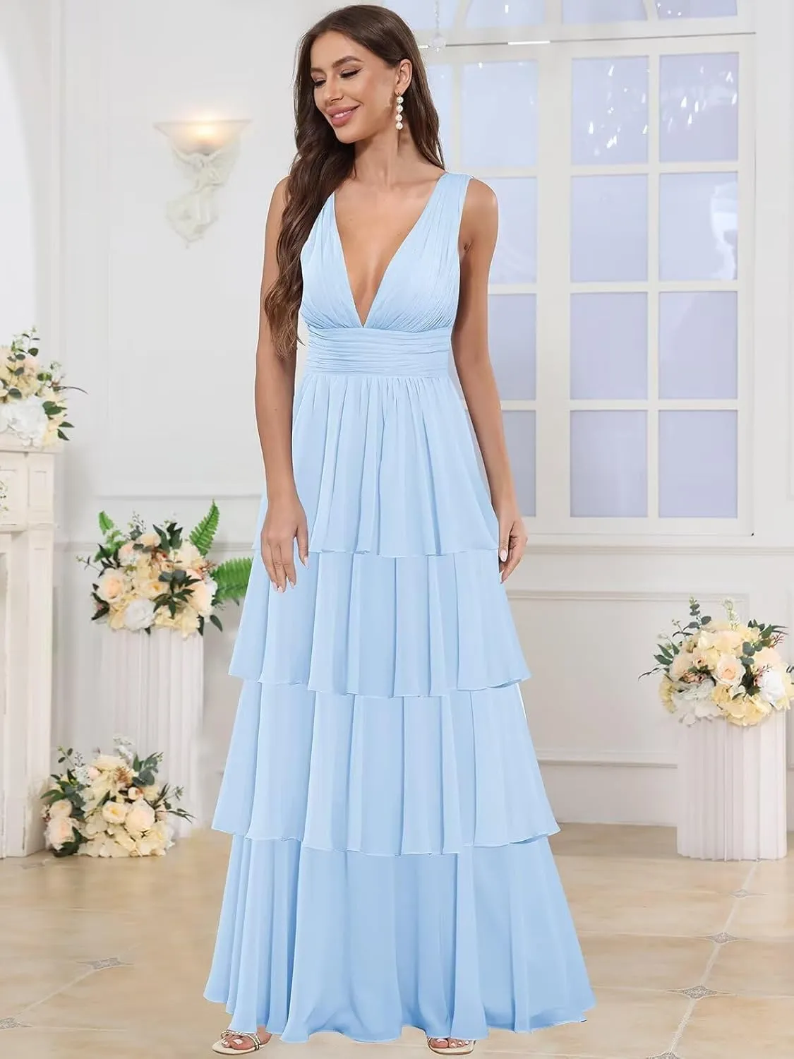 TORYEMY Chiffon V Neck Bridesmaid Dresses Long Ruffle Tiered Prom Dress A Line Formal Evening Gown for Women