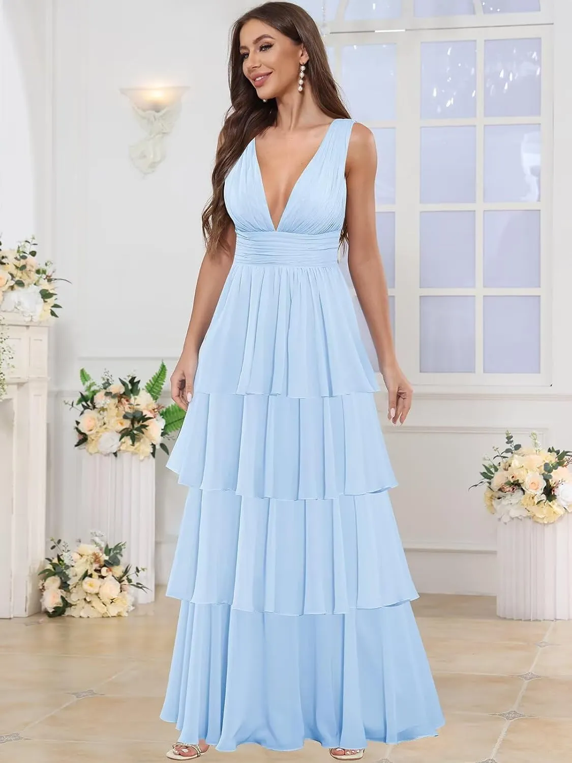 TORYEMY Chiffon V Neck Bridesmaid Dresses Long Ruffle Tiered Prom Dress A Line Formal Evening Gown for Women